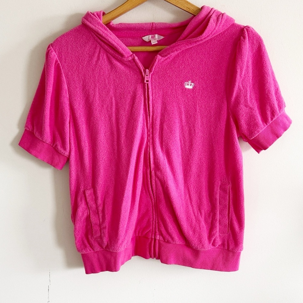 Juicy couture pink terry cloth short sleeve zip up graphic hooded jacket